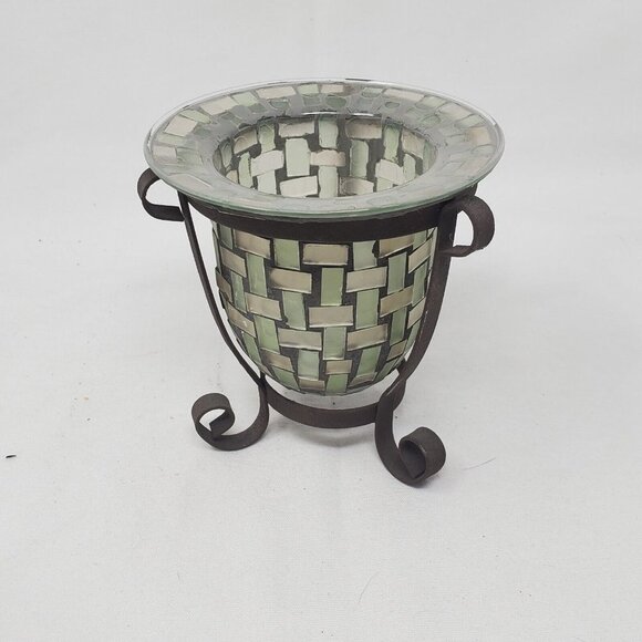 MOSAIC GLASS VOTIVE TEA LIGHT CANDLE HOLDER WITH BROWN METAL STAND - Picture 1 of 11